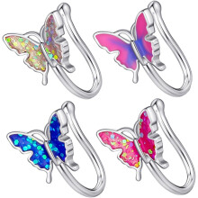 Juego de 4 aros nasales de moda para mujer, sin perforación, con forma de mariposa, en colores rosa, morado y azul (AB).