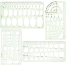 Set van 4 plastic sjablonen voor het tekenen van cirkels en ovalen, inclusief geometrische meetliniaal.