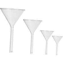 Lot de 4 entonnoirs courts en verre pour laboratoire, transferts de liquides précis et applications artisanales.