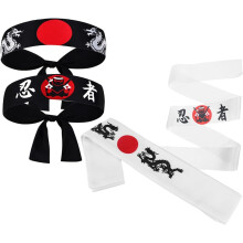 4 Stück japanische Samurai-Stirnbänder, breite elastische Stirnbänder
