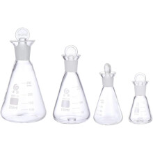 Lot de 4 flacons coniques en verre borosilicaté de haute qualité pour iode, avec graduation, de 50 ml, 100 ml, 150 ml et 250 ml.