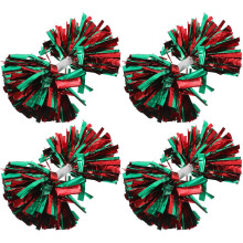 Lot de 4 pompons de pom-pom girl de taille moyenne avec poignée pour bâton, rouges et verts, pour équipe sportive.