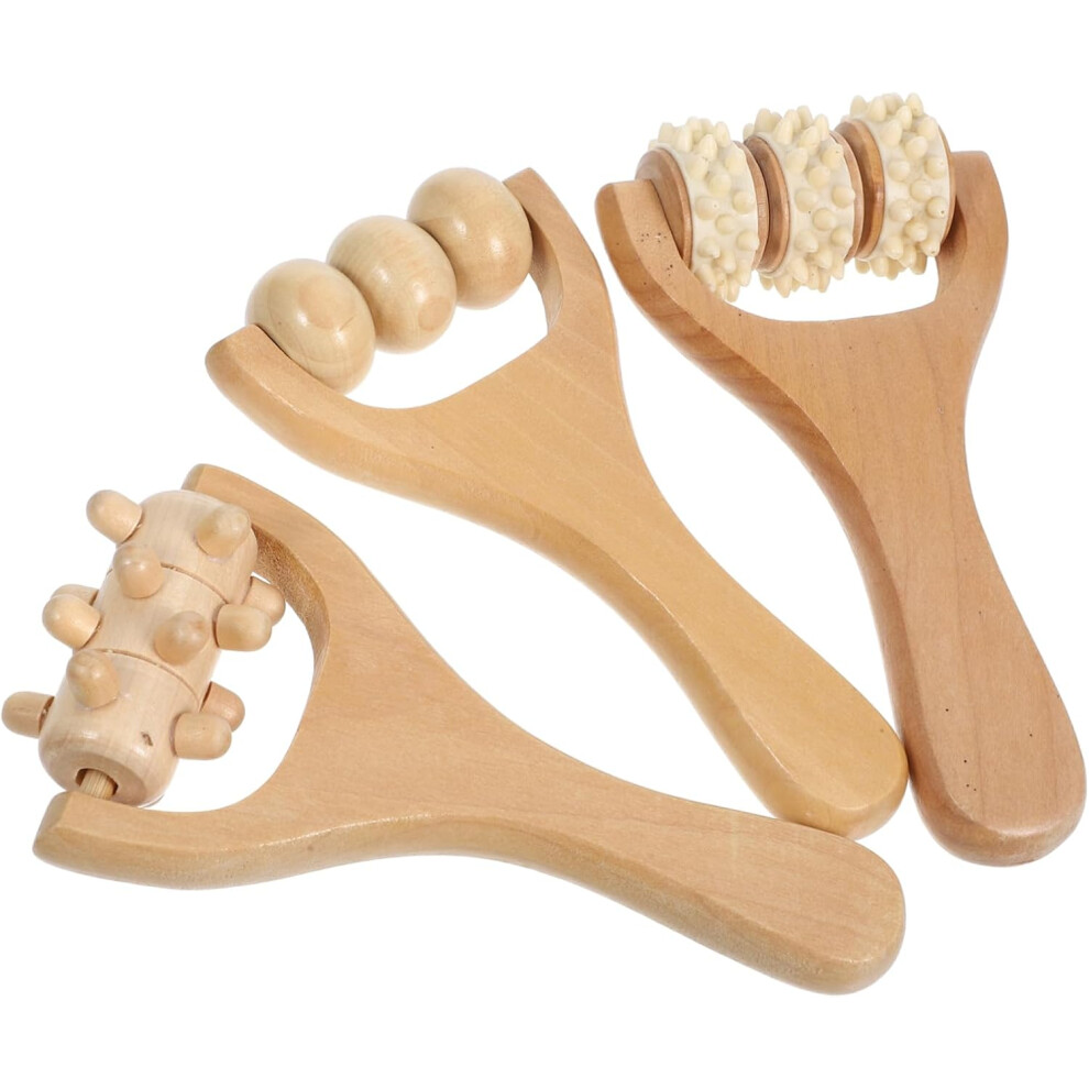 Hkhbjs Beige Wooden Hand Massager And Back Roller 3Pcs Set, Acupoint Foot And Shoulder Massage Tools