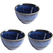 Ensemble de 3 tasses à saké bleues de style japonais, en céramique, au design unique.