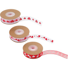 3 rotoli di nastro jacquard rosso con stampa a cuori per San Valentino, ideale per confezioni regalo, lavori fai da te e bouquet.