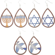 3 Paar hohle Holzohrringe, Chanukka-Schmuckset mit Stern- und Kerzenmotiven, leichter Modeschmuck