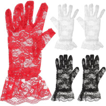 3 Paar kurze Damen-Spitzenhandschuhe mit floralem Rand, schwarz-weiß-rot, kurze Brauthandschuhe