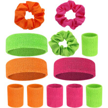 Schweißband-Set für Jungen und Mädchen – 3 fluoreszierende elastische Stirnbänder, 6 Armbänder, 3 Stück