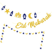 3-teiliges Eid-Dekorationsset aus Papiergirlanden mit Sternen in verschiedenen Farben und Glitzer – ein echter Hingucker!