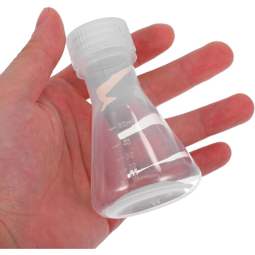 Set di 5 beute coniche in plastica da 50 ml con coperchi, ideali per laboratorio di chimica.