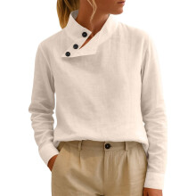 Elegant Cotton Linen Blouses for Women Stand Collar-White M