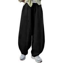 Women's casual cotton and linen loose-fitting trousers-Black S