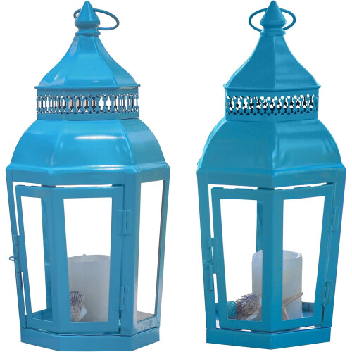 2 lanterne portacandele in vetro blu e ferro da 14,4" 1