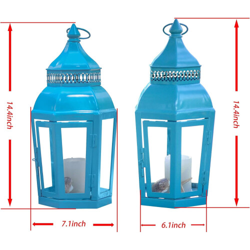 2 lanterne portacandele in vetro blu e ferro da 14,4" 2