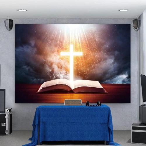 Glowing Crucifix and Open Bible Banner 8 ft x 6 ft
