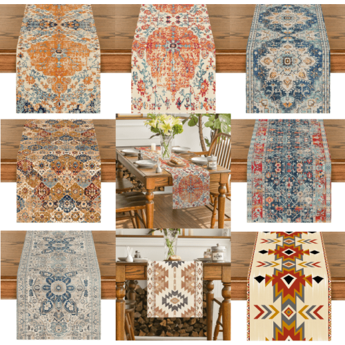 Boho-Tischläufer, orange-blau, 33 x 183 cm