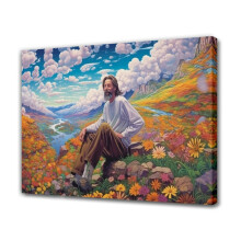 Long-haired man on blooming grass poster 20x30 cm