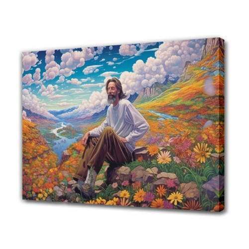 Long-haired man on blooming grass poster 20x30 cm