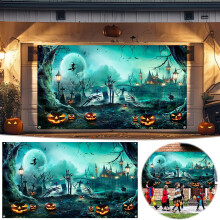 Housse de porte de garage d'Halloween – Motif citrouille et tombe