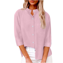 Blouse Women's Elegant Cotton Stand Neck Shirt Blouse-Pink L