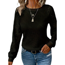 Women Sheer Lace Puff Long Sleeve Top Lightweight-Black XL