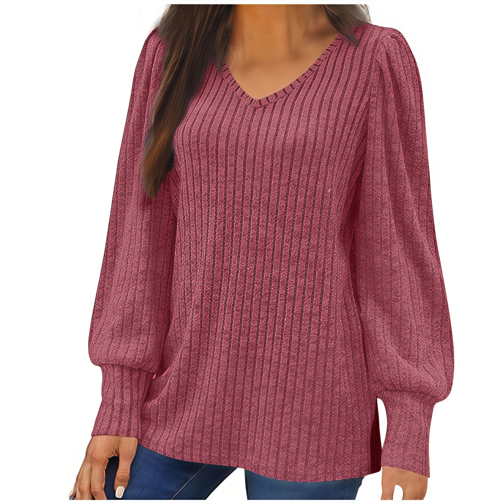 Women's Oversized Knit Thin Puff Sleeve Long Sleeve-Red XL