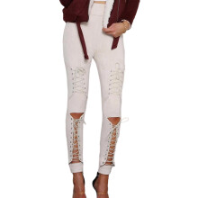 Women's Faux Suedes Tie Up Skinny Pants Cutout Front-Khaki S