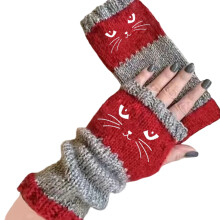 Women’s Knitted Fingerless Gloves with Cats-cat head red