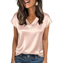 Womens Satins Silk Shirt Short Sleeve Blouse-champagne XXL