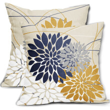 Housses de coussin en lin bleu marine et jaune, 40 x 40 cm, lot de 2