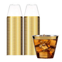 Vasos de plástico transparente de 9 oz con borde dorado (paquete de 25)