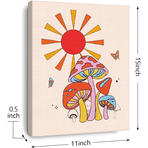Quadro decorativo vintage em tela com cogumelos e sol, 28x38 cm (11x15 polegadas) 1