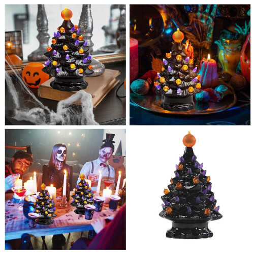 Ceramic tree decor with lights black pumpkin top 1