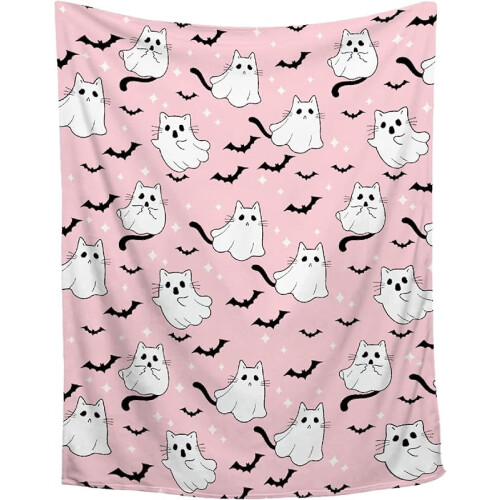 Pink Cat Ghost Blanket Halloween Decor for Couch Sofa Bed