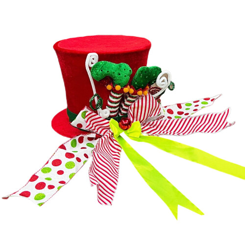 Christmas tree topper red top hat with peppermint bows