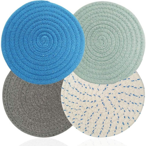 Cotton trivets heat resistant round blue set of 4