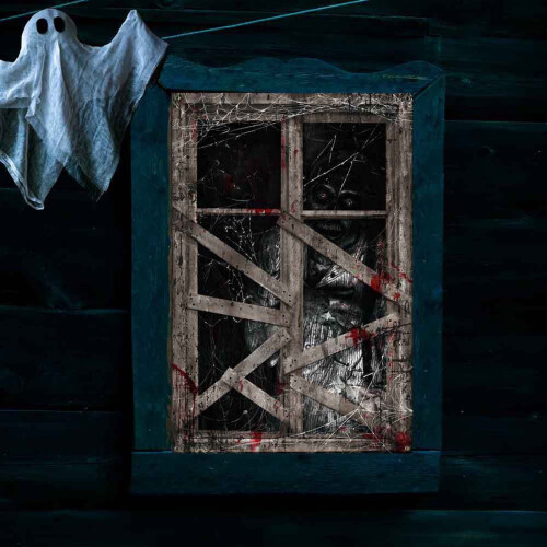 Αφίσα σιλουέτας παραθύρου για το Halloween – Θέμα φαντασμάτων τρόμου,