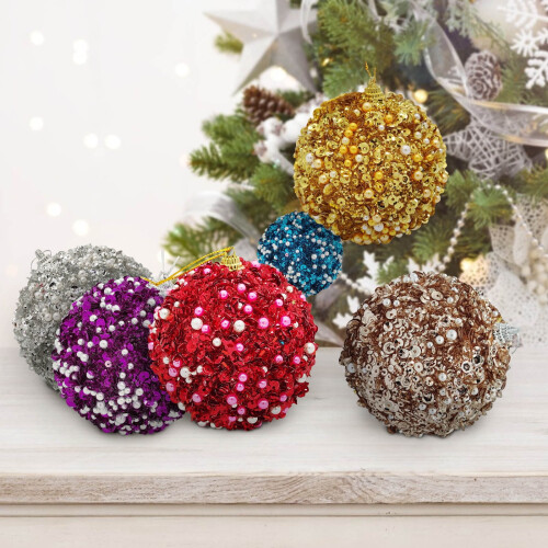 Julekugler med perle-pailletter og glimmer 6,4 cm