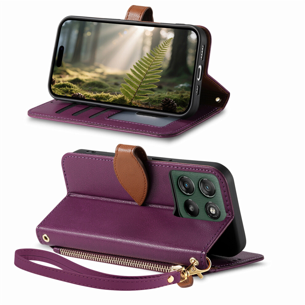 (Purple) Phone Cover For Motorola Moto G67 5G / G77 5G Stand Case Leaf Shape Magnetic Clasp Leather Phone Cov Purple 6914292545481