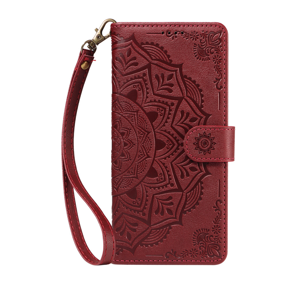 (Wine ) Phone Cover For Iphone 15 Wallet Case Embossed Mandala Pattern Pu Leather + Tpu Cover With Wrist Str Red 6914292490101