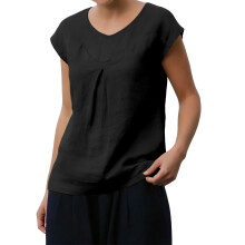 Women's linen blend blouse with V-neck and cap-Black XXL