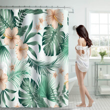 Cortina de ducha verde tropical de 70x70 pulgadas con 12 ganchos