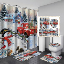 Ensemble rideau de douche Père Noël, Élan et Bonhomme de neige avec tapis de bain et crochets