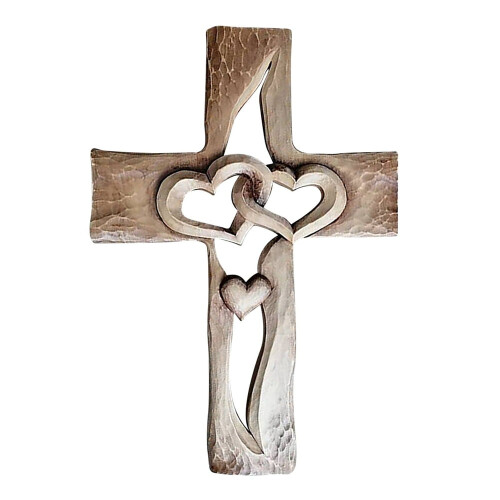 Croix en bois sculpté avec cœurs entrelacés - Décoration murale