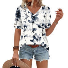 Women's Short Sleeve Button-Down V-Neck Shirts rSets -Beige XL