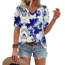 Women's  Short Sleeve Button-Down V-Neck Shirts rSets -Blue M