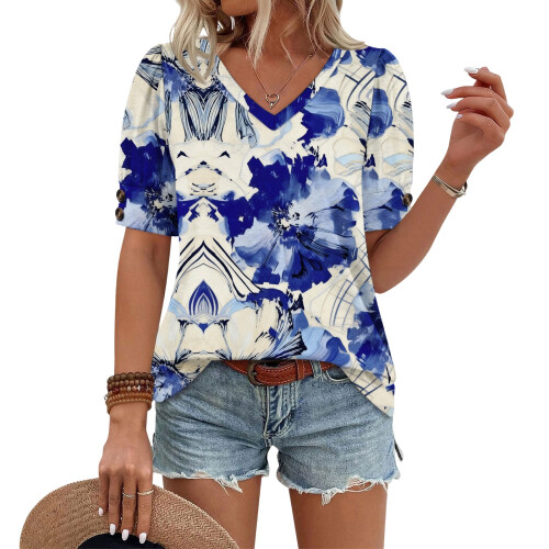 Women's  Short Sleeve Button-Down V-Neck Shirts rSets -Blue M