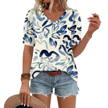 Women's Short Sleeve Button-Down V-Neck Shirts rSets -Blue XL