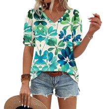 Women's  Short Sleeve Button-Down V-Neck Shirts rSets -Green S