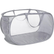Collapsible Mesh Laundry Basket with Side Pocket Grey